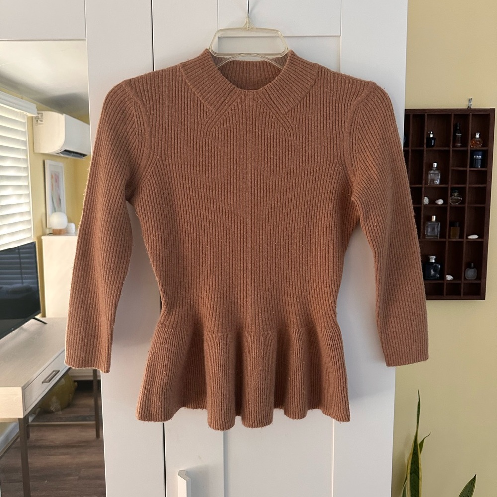 Tory Burch Ribbed Peplum Sweater - Camel
